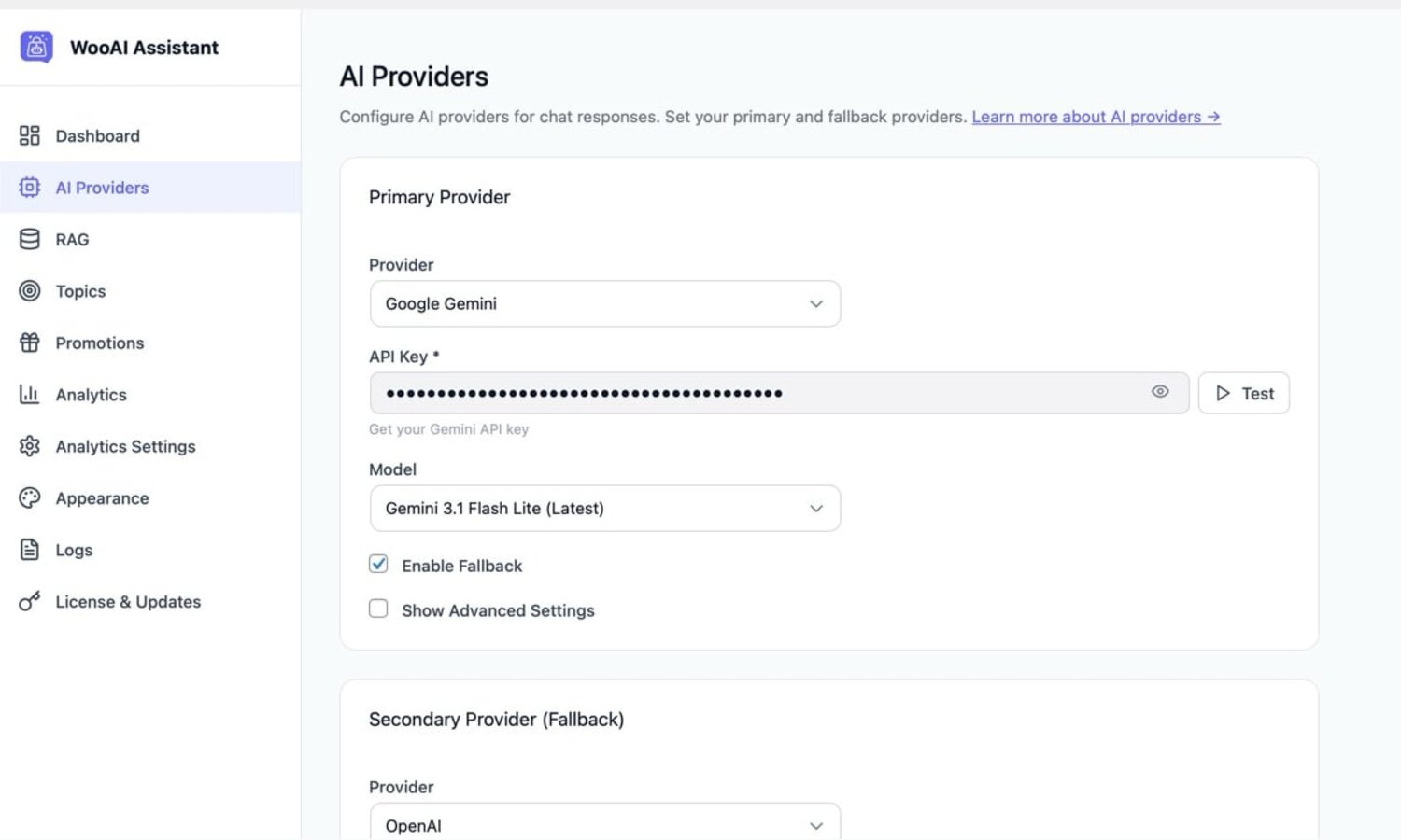 AI providers configured with Google Gemini and API key