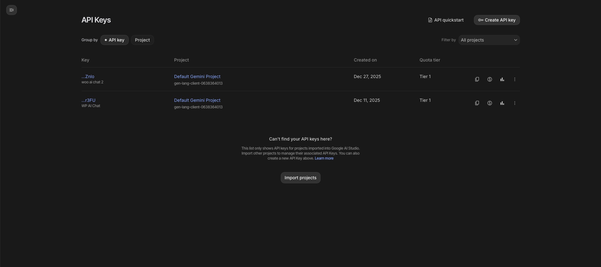 Google AI Studio API Keys Page
