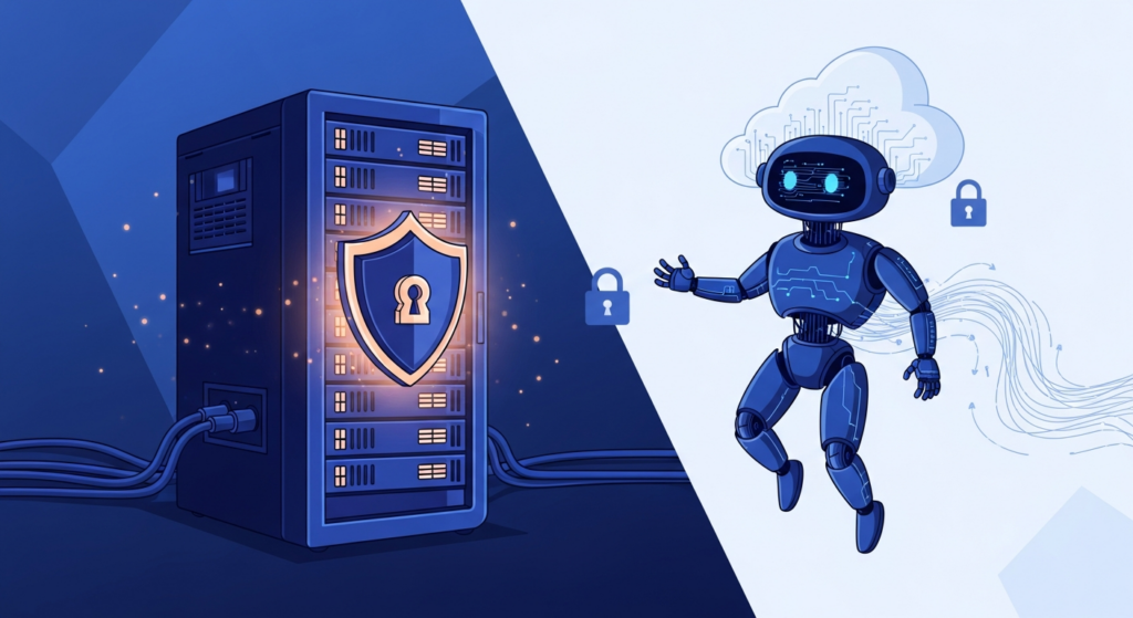 Self-hosted server holding data securely versus an external rented chatbot
