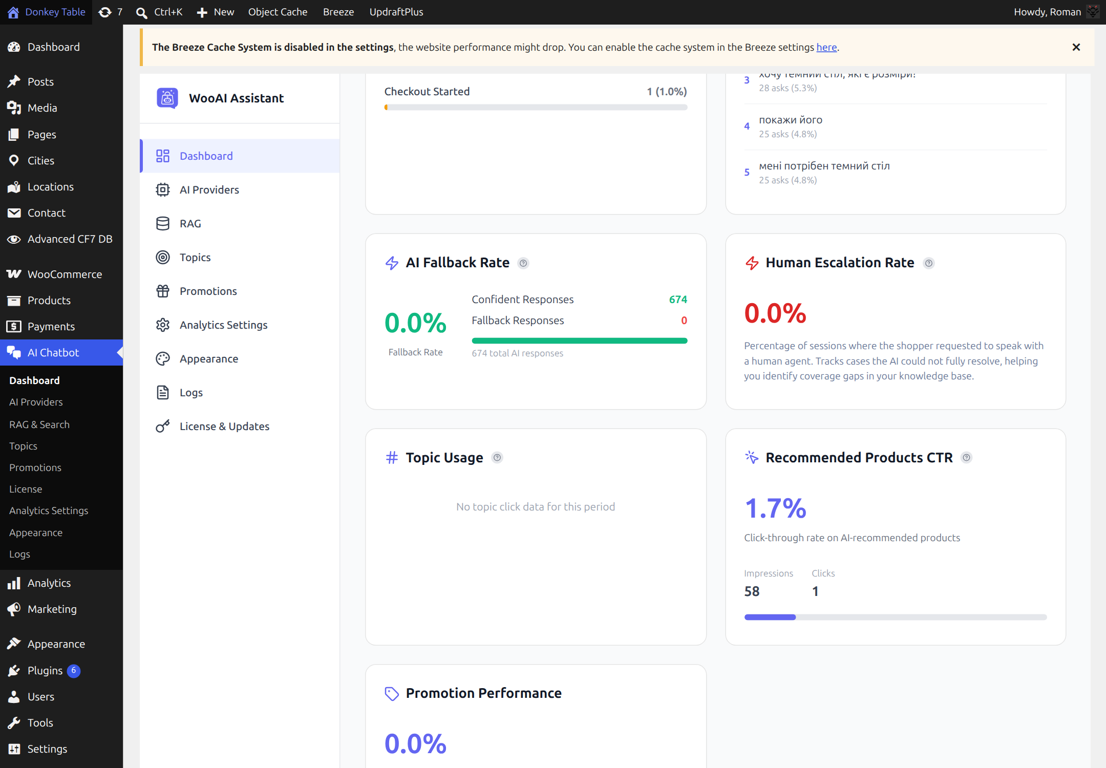 AI Fallback Rate, Human Escalation Rate, Topic Usage, Recommended Products CTR, and Promotion Performance sections