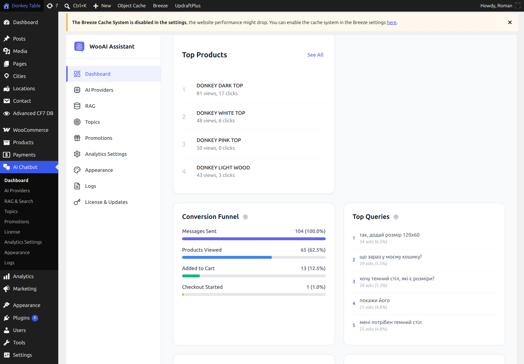 Top Products and Top Queries sections side by side, with Conversion Funnel below