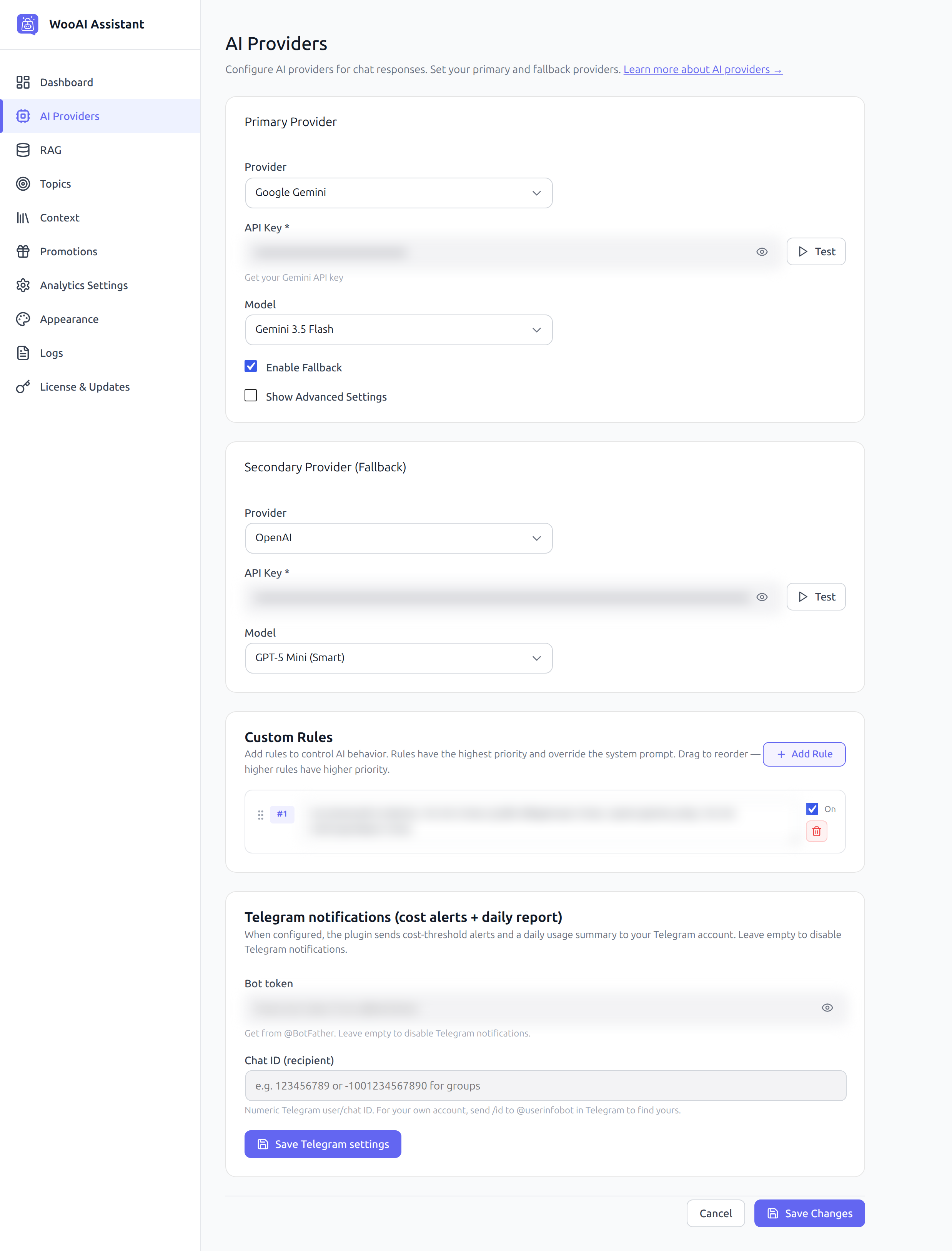 WooAI AI Providers settings screen