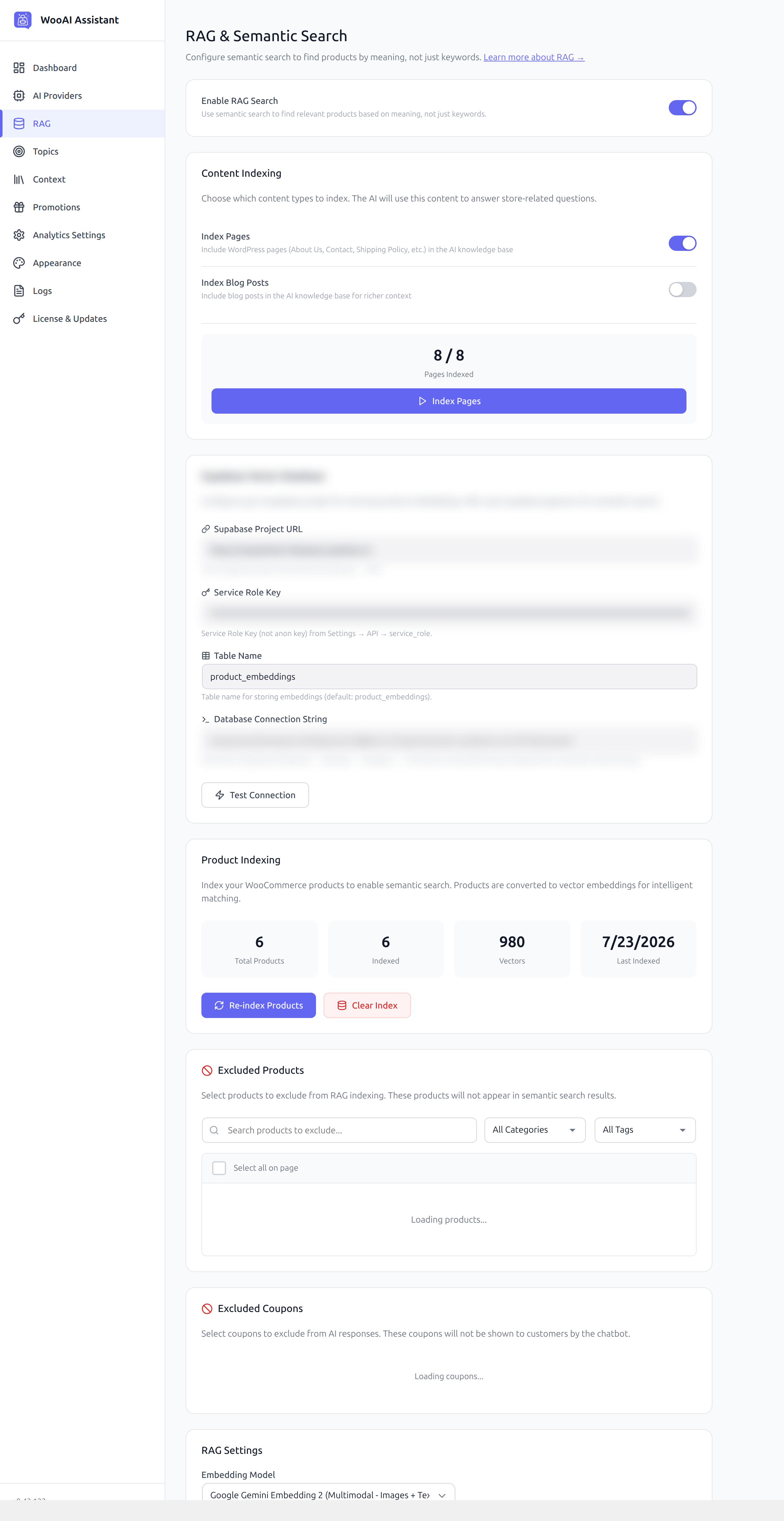 WooAI RAG & Semantic Search settings screen